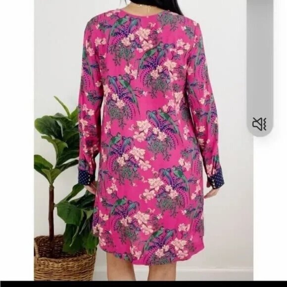 Anthropologie Women's Maeve Bird Print Polka Dot Trim Dress Pink Navy Size 4 - Picture 2 of 10